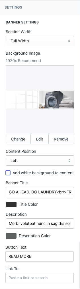 Section Settings - Banner image with text
