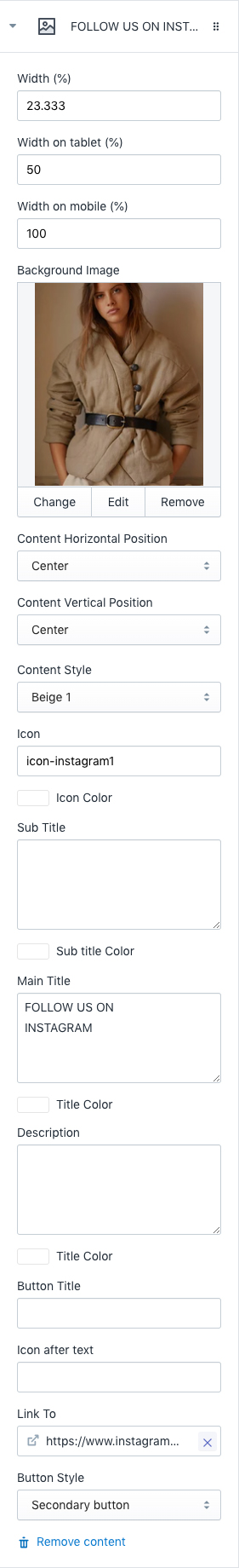 Icon, Text, Image settings - Multimedia Packery