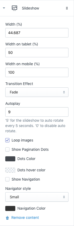 Slideshow settings - Multimedia Packery