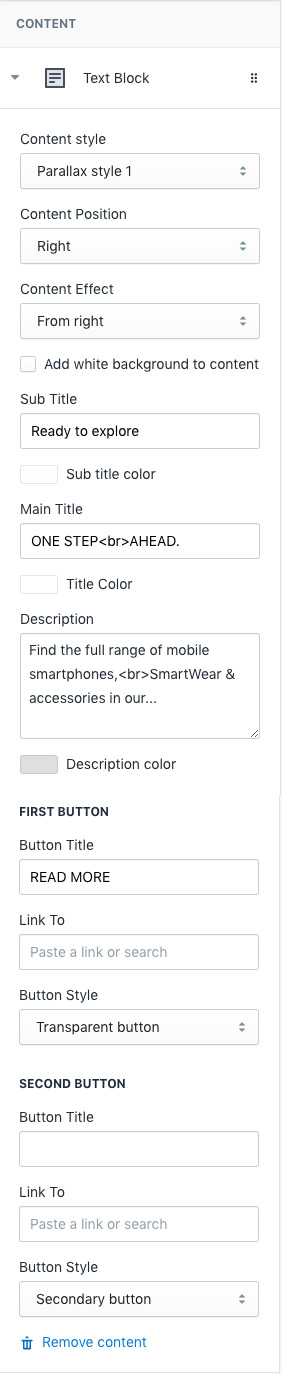 Section Settings - Parallax slider content