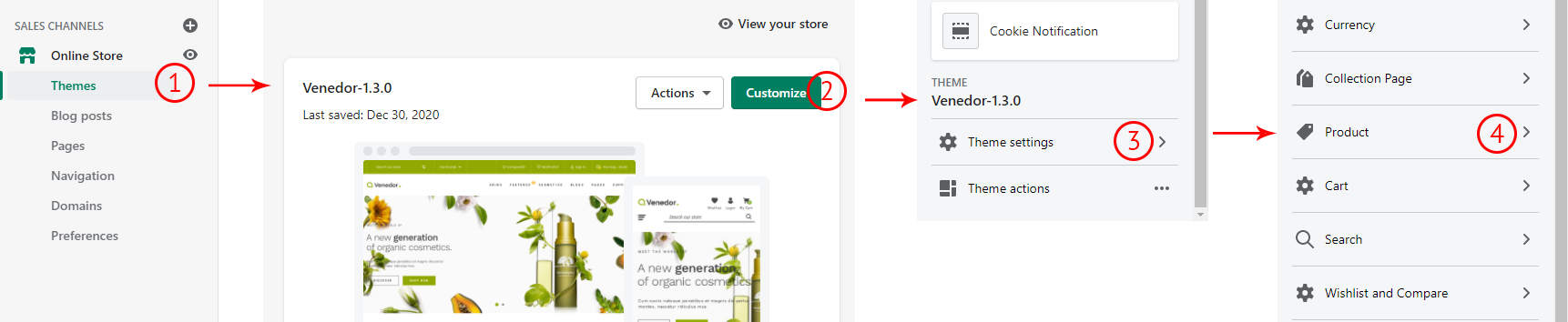 Navigate to product theme settings