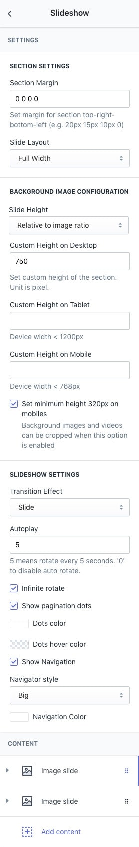 Slideshow section settings