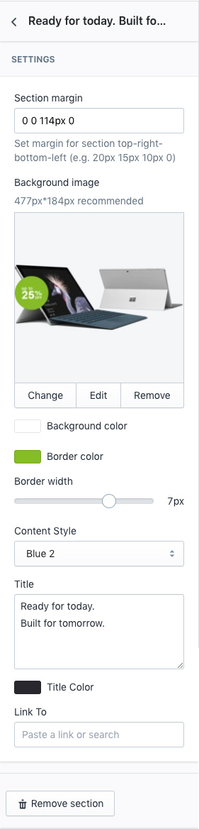 Text with image 4 section settings